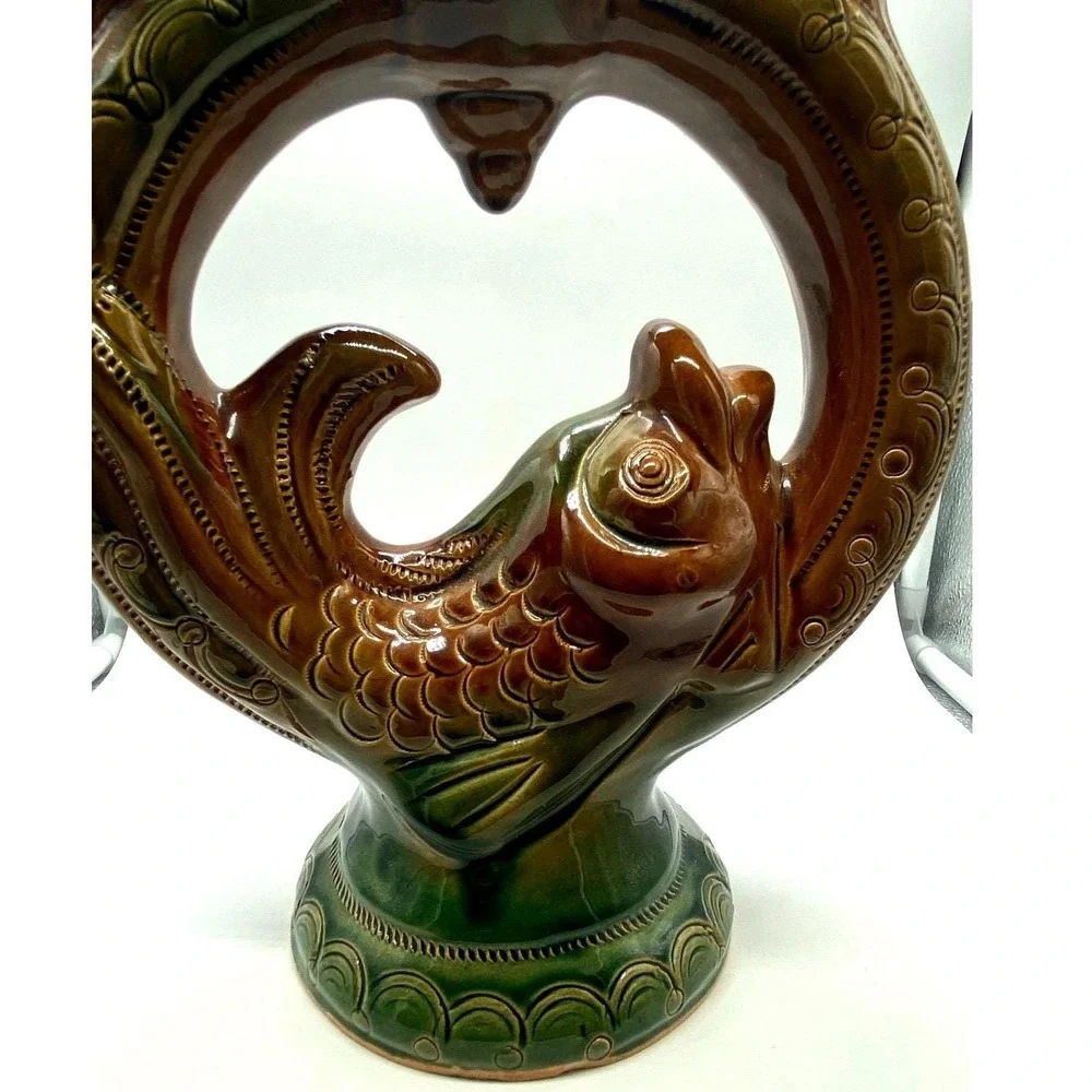Vtg Majolica Fish Ceramic Candelabra Skopinskaya‎ Mid Century Set of 2 Folk Art